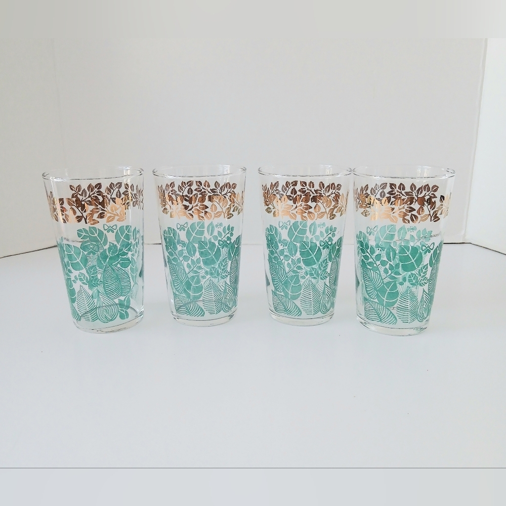 Vtg Federal Glass Mid Century Gold & Green Leaves Glasses Set Of 4